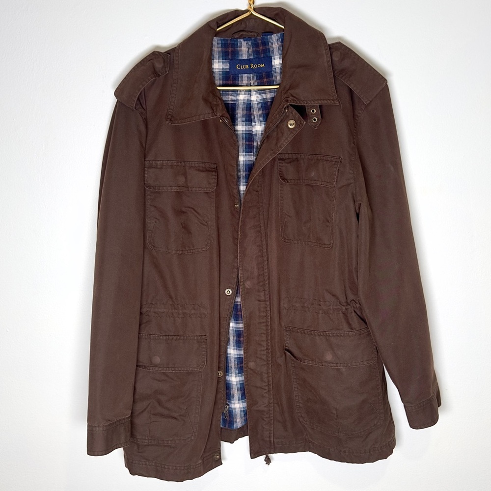Club Room Chocolate Brown Barn Jacket Coat Plaid Blue L/XL - Picture 1 of 5